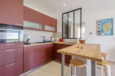 Cuisine ou kitchenette dans l'établissement Le Palmier - Plage à 5 min vue mer et montagne