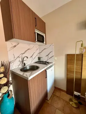 Cuisine ou kitchenette dans l'établissement Studio dans résidence avec piscine à Sisco