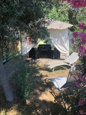 Jardin de l'établissement Chalet climatisé avec patio en Haute Corse 5 couchages